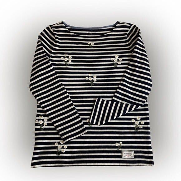 Talbots Tops - Talbots Women's Petite Blue Stripe Floral Knit Top Embroidered Cottagecore